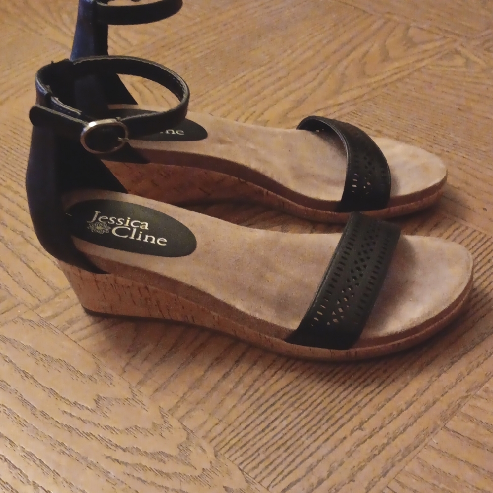Jessica Cline Black Wedge Sandals